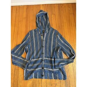 Lucky Brand Sweater Men's Medium Blue Hooded Cardigan Striped Knit Pockets